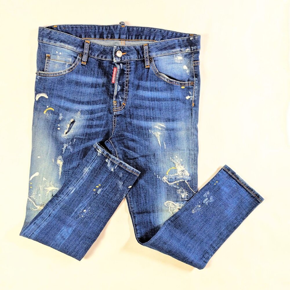Dsquared2 Distressed Women's Indigo Jeans  Size 14 with Splatter Embellishment